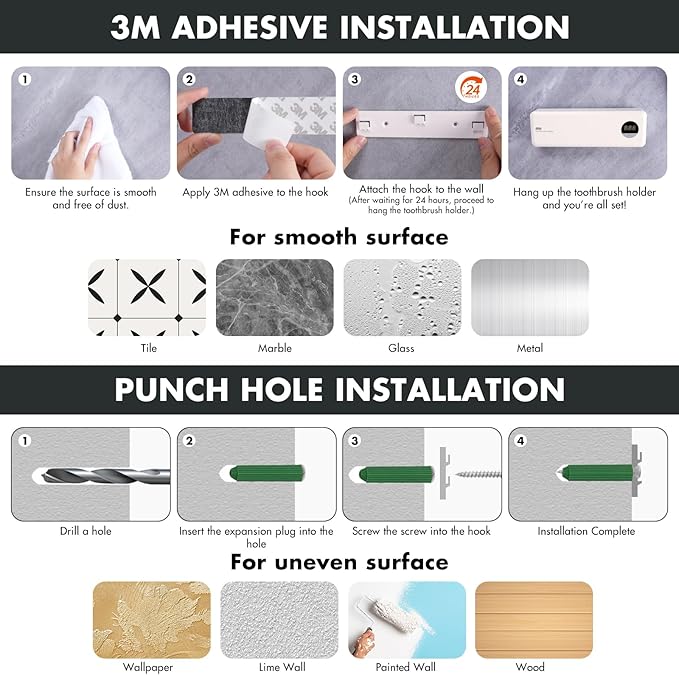 Sanitizeri Toothbrush Holder, Sanitizeri Toothbrush Cleaner, 2000mAh Rechargeable Cordless Wall Mounted Holders for Bathroom, 4 Slots & Timer Function, Ivory