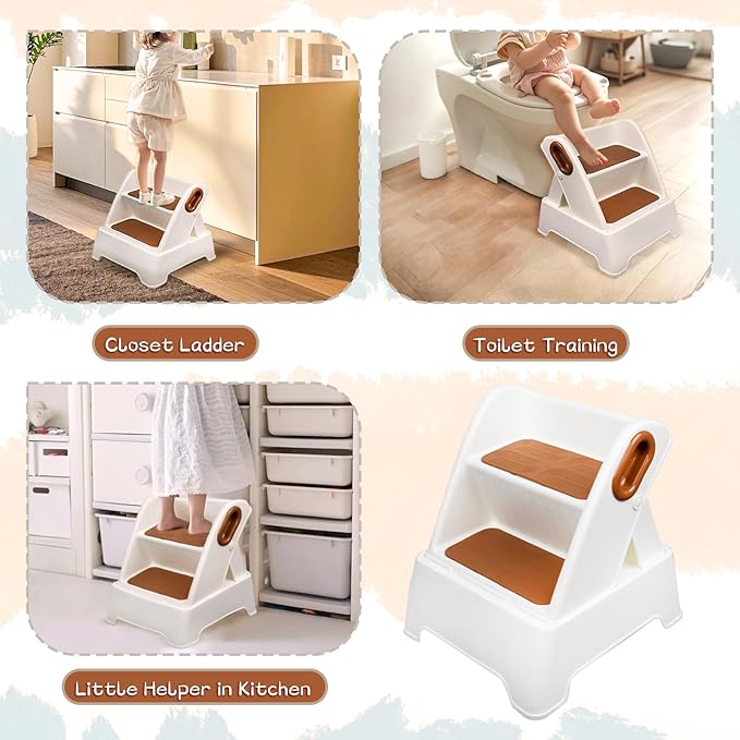 Two Step Stool for Kids,Foldable 2 Step Stool for Toddlers,Non-Slip with Handles Kids Stool for Bathroom Sink,Toilet Bedroom, Potty Training,Kitchen