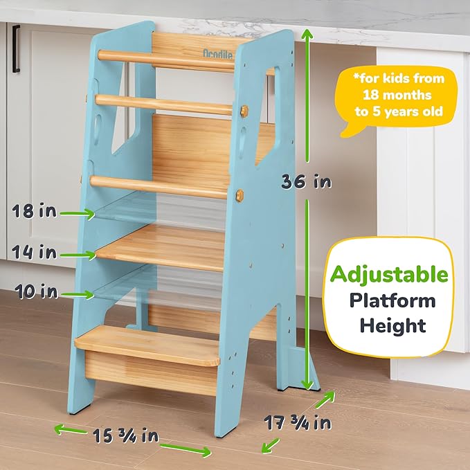 OCODILE Toddler Standing Tower - Adjustable Height Toddler Kitchen Stool Helper - Ideal Kids Kitchen Step Stool for Learning New Skills - Updated Design with Safety Feet - Blue