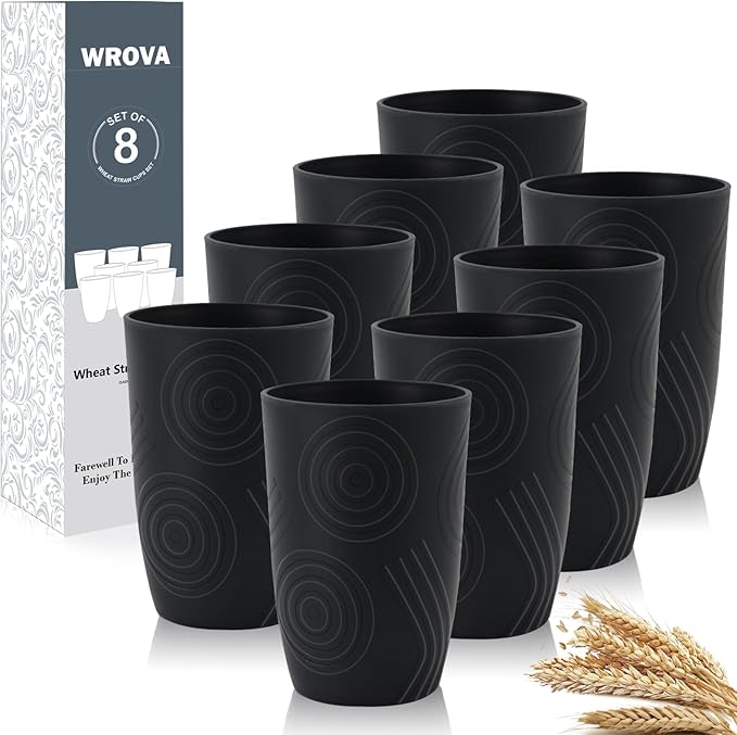 Wrova Wheat Straw Cups 16oz set of 8 with Etched Pattern - Alternative Plastic Cups Dishwasher Safe Tumbler - Plastic Drinking Cups Unbreakable for Kids - Pure Black