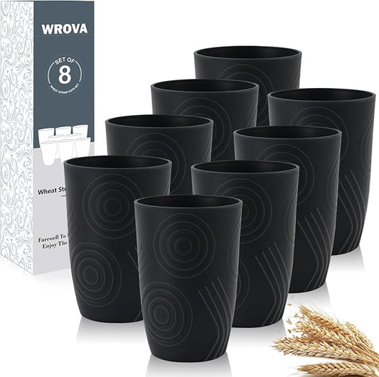 Wrova Wheat Straw Cups 16oz set of 8 with Etched Pattern - Alternative Plastic Cups Dishwasher Safe Tumbler - Plastic Drinking Cups Unbreakable for Kids - Pure Black