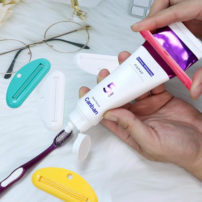 5Pcs Plastic Tooth Paste Tube Squeezer Dispenser, Hanging Roller Tube Squeezer Holder for Saving Toothpaste Creams, Facial Cleanser and Paint, Kid-Friendly Bathroom Accessory (Opaque)