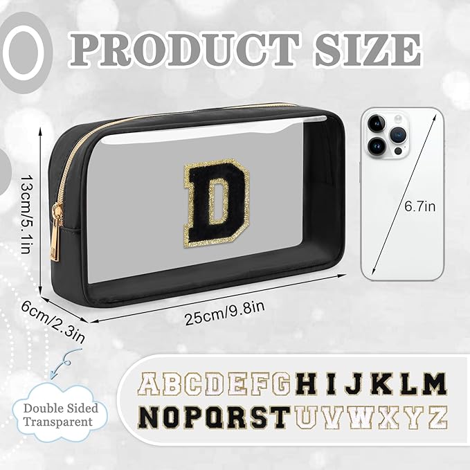 Small Clear Personalized Initial Makeup Bag,Nylon Preppy A-Z Chenille Letter Patch Cosmetic Pouch Beach Toiletry Bag,Waterproof Zipper Travel Purse Storage Bag Organizer for Women Girls(Black-Black D)