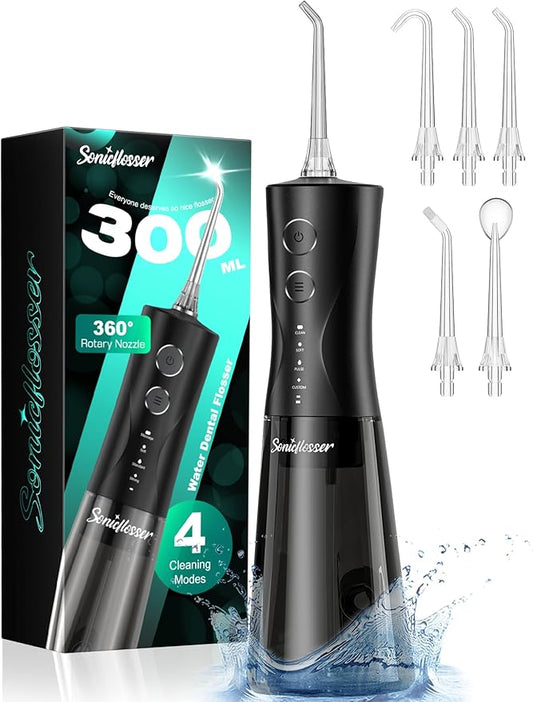 Portable Water Flosser for Teeth Pick - 4 Modes & 5 Tips, 300ML Cordless Design for Home Travel, IPX7 Waterproof, Rechargeable for Ultimate Clean, Ideal for Sensitive Gums and Braces BPA-Free