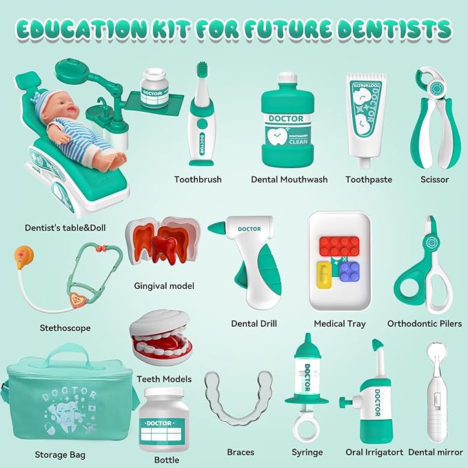 Toy Doctor Kit for Toddlers, Kids Dentist Play Set with Dentist Chair, Doll Toy, Stethoscope, Large Carrying Storage Bag, Dental Accessories, Pretend Doctor Play Medical Gift for Boys Girls(Green)