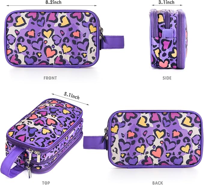 Kids Toiletry Bag for Girls, Travel Toiletry Bag for Little Young Girls Cosmetic Bag Makeup Bag Waterproof Hanging Wash Bag Toddler Toiletries, Leopard Purple