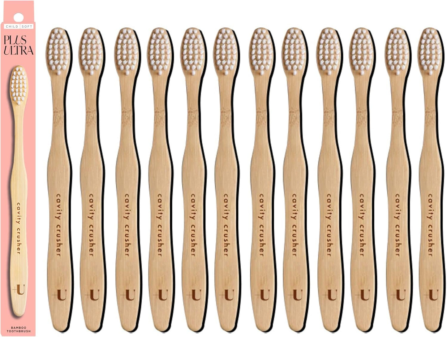 Kids Biodegradable and Eco-Friendly Bamboo Toothbrush 12-Pack - BPA Free Soft Bristle - Dentist-Approved and All-Natural with "Cavity Crusher" Etched on Handles by Plus Ultra