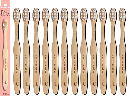 Kids Biodegradable and Eco-Friendly Bamboo Toothbrush 12-Pack - BPA Free Soft Bristle - Dentist-Approved and All-Natural with "Cavity Crusher" Etched on Handles by Plus Ultra
