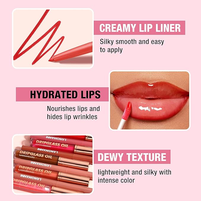 Jolilab Matte Lip Liner Lip Oil Set, Lip Makeup Set Natural Smooth Long-Lasting And Hydrating Beauty Daily Cosmetics Gift for Girls Easy-to-Use(9pcs)