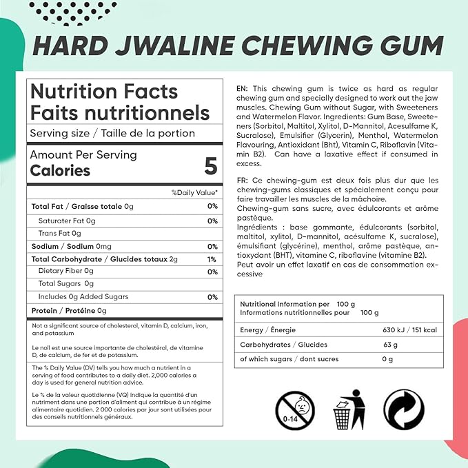 Jawliner® Hard Jwaline Chewing Gum - Sugar Free Watermelon Tough Jaw Gum - Jaw Exerciser Strong Mewing Jawline Mistic Gum - 2x Harder than Regular Chewing Gum 130 Grams (48 Strips)