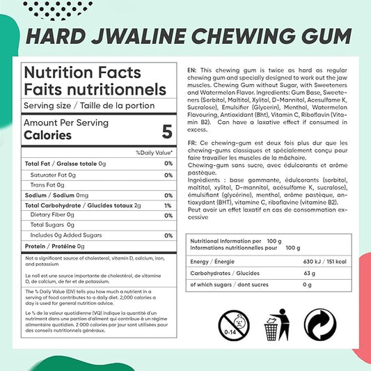 Jawliner® Hard Jwaline Chewing Gum - Sugar Free Watermelon Tough Jaw Gum - Jaw Exerciser Strong Mewing Jawline Mistic Gum - 2x Harder than Regular Chewing Gum 130 Grams (48 Strips)