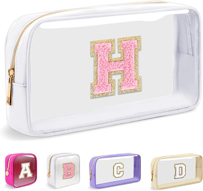 Small Clear Personalized Initial Makeup Bag,Nylon Preppy A-Z Chenille Letter Patch Cosmetic Pouch Beach Toiletry Bag,Waterproof Zipper Travel Purse Storage Bag Organizer for Women Girls(White-Pink H)