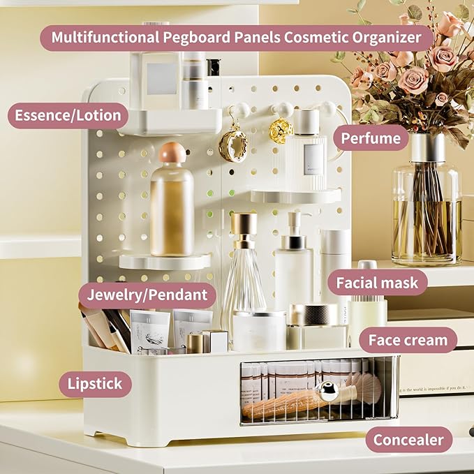 Makeup Organizer for Vanity, Aesthetic Cosmetic Storage Rack with Drawer and Pegboard Hooks, Adjustable Shelves Skincare Organizer for Bathroom Countertop, Cream White