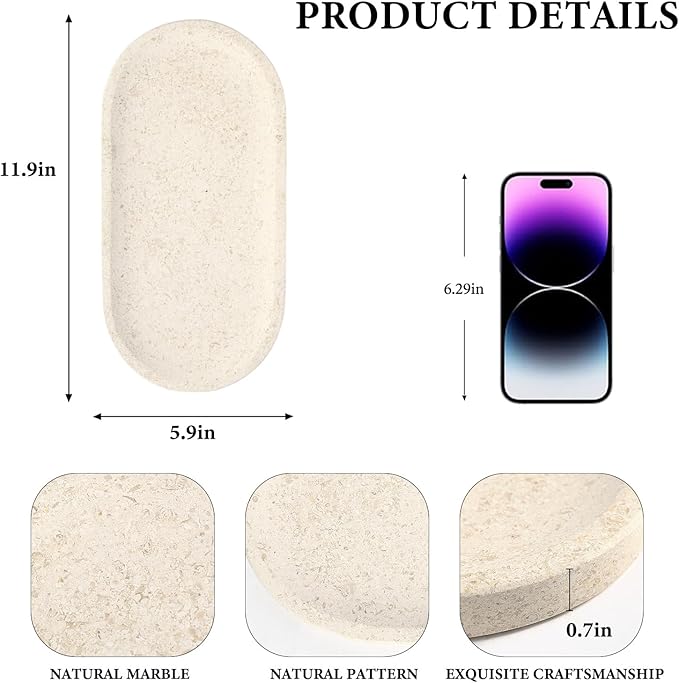 Koville Marble Vanity Tray for Decor, Natural Bathroom Tray for Bathroom Countertop, Stone Decorative Trays for Dresser Organizer, Storage Trays for Perfume, Jewelry Holder(Beige Yellow)