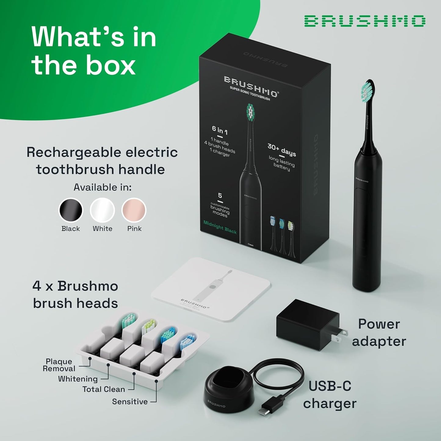 Brushmo Super Sonic Electric Toothbrush with 4 Replacement Heads - Rechargeable Electronic Tooth Brush for Adults with 5 Customizable Modes - IPX7 Waterproof & Long-Lasting Battery - Black