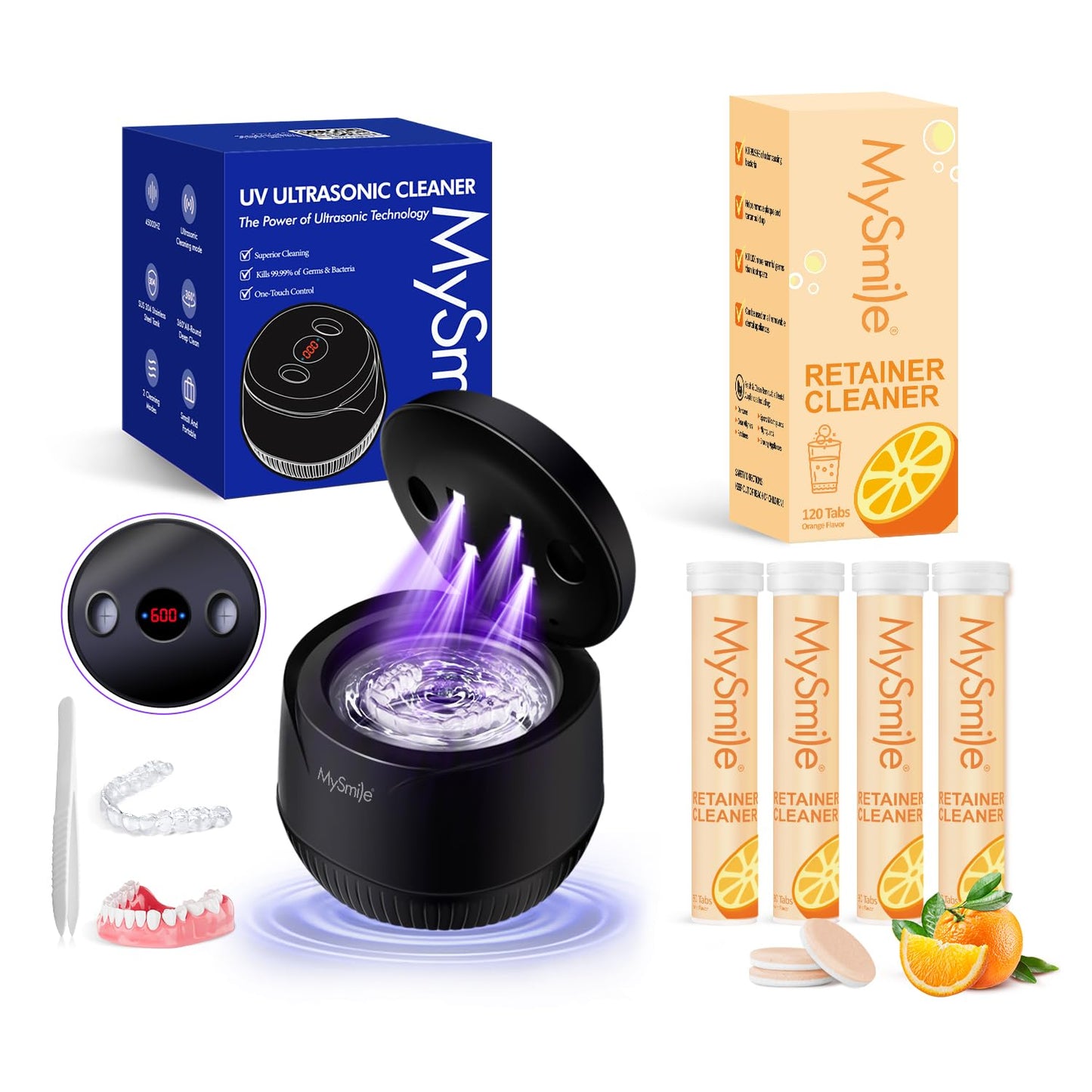 MySmile Ultrasonic Retainer Cleaner Machine with Tablets- 45kHz Black Dental Pod with 200ML Capacity and MySmile Retainer Cleaner with 120 Denture Cleaning Orange Flavor Tablets