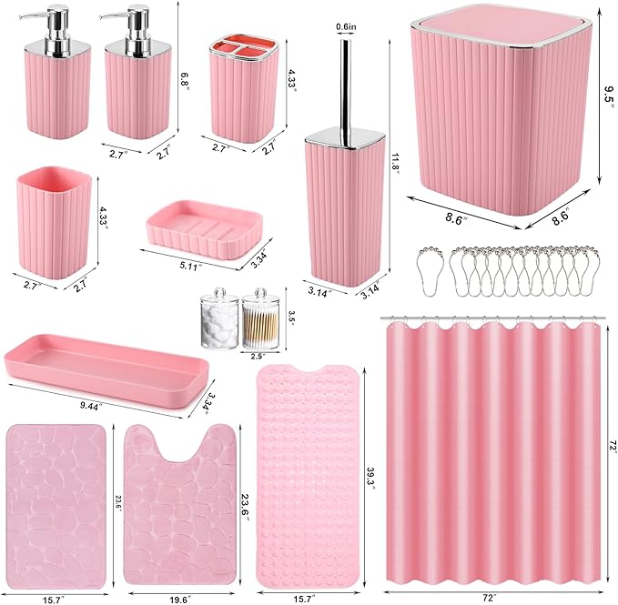 26PC Bathroom Accessories Set - Gorgeous Pink Bathroom Set, Bathroom Accessory Set, Pink Shower Curtain Set with Bathtub Mats for Shower Tub