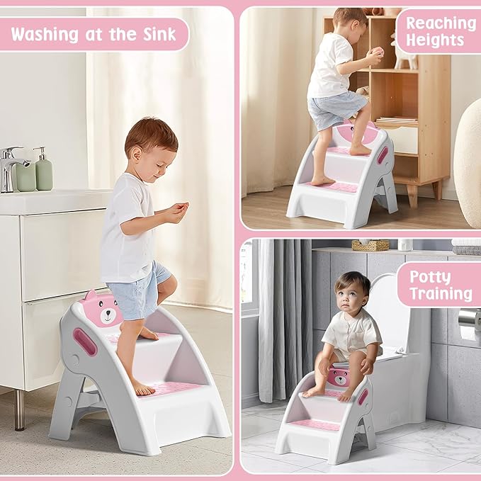TPN Toddler Step Stool for Bathroom Sink and Potty Training Durable Anti-Slip,Anti-Tip A-Frame,10-Second Assembly, 2-Step Potty Stool with Wide Steps (Pink)