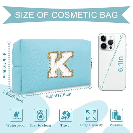 Small Personalized Initial A-Z Preppy Patch Makeup Bag,PU Chenille Letter Travel Cosmetic Pouch with Zipper,Blue Cute Toiletry Bag,Gift Ideal for Teen Girls Women Teacher Bridesmaid,Letter K