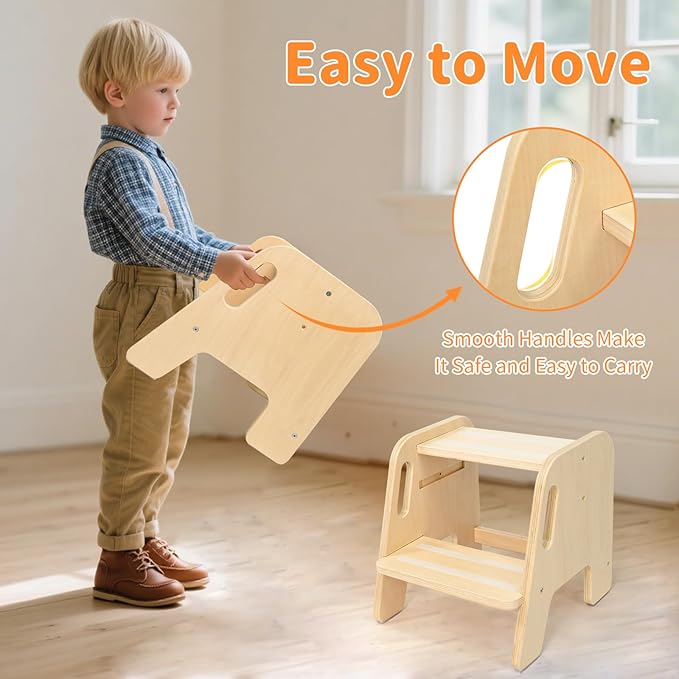 WOOD CITY Toddler Step Stool, Wooden 2 Step Stools for Bathroom Sink Potty Training Kitchen Dual Height Stool Helper for Kids Bonus Non-Slip Pads and Handles for Safety (2 Pack Natural)