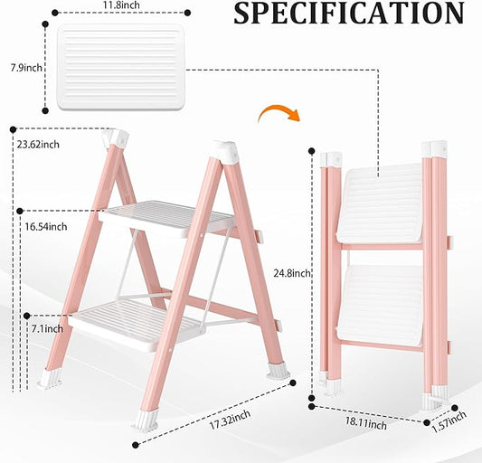 2 Step Ladder, Folding Step Stool with Anti-Slip Wide Pedal, Anti-Slip Feet, Sturdiest Steel Construction, Steel Ladder for Home and Office, Pink White