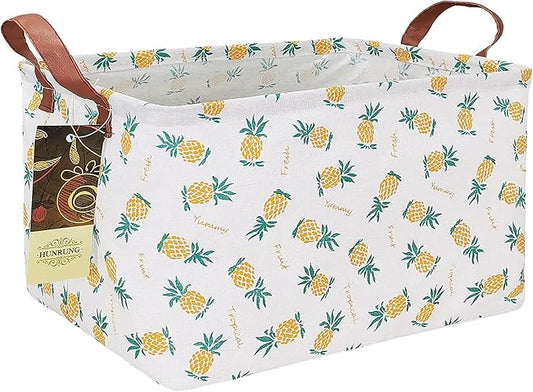 HUNRUNG Rectangle Storage Basket Cute Canvas Organizer Bin for Pet/Children Toys, Books, Clothes Perfect for Rooms/Playroom(Rectangle Pineapple)