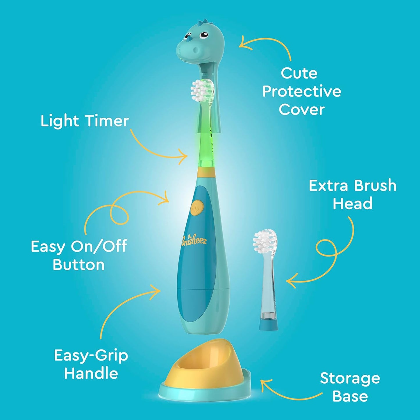 Brusheez Little Toddlers’ Sonic Toothbrush - Safe & Gentle Toothbrush for Ages 1-3 with Built-in, Light-Up 2-Minute Timer, Extra Brush Head, & Storage Base for First-Time Brushers (Rex The Dinosaur)