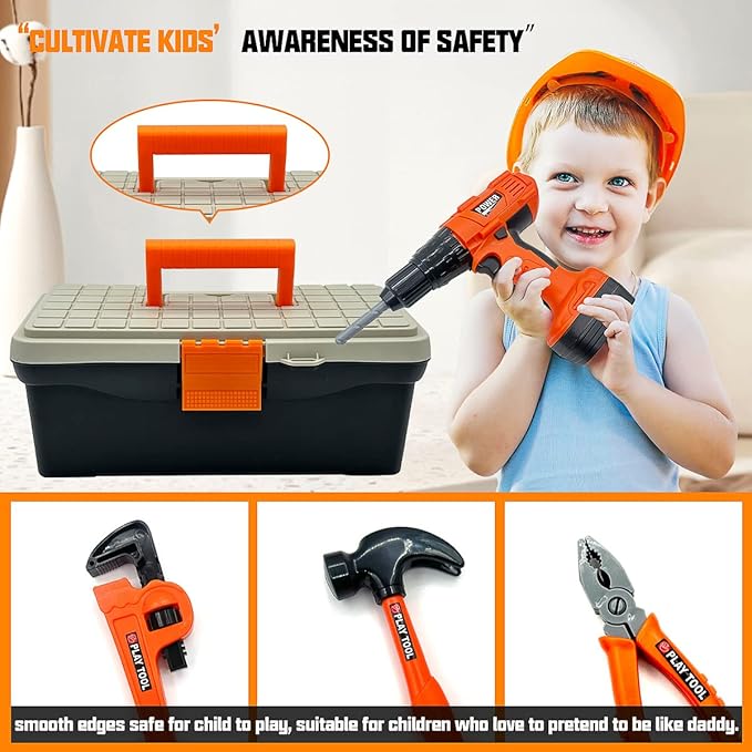 Kids Tool Set – 48 Piece Toddler Tool Set with Electronic Toy Drill& Tool Box,Pretend Play Kids Toys,Construction Kits Toys for Kids Ages 3 4 5 Years Old, Toddler Boy
