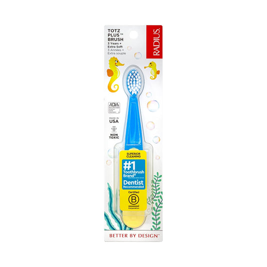 RADIUS Totz Plus Brush Kids Toothbrush Silky Soft BPA Free ADA Accepted Designed for Delicate Teeth & Gums for Children 3 Years & Up - BlueYellow - Pack of 1
