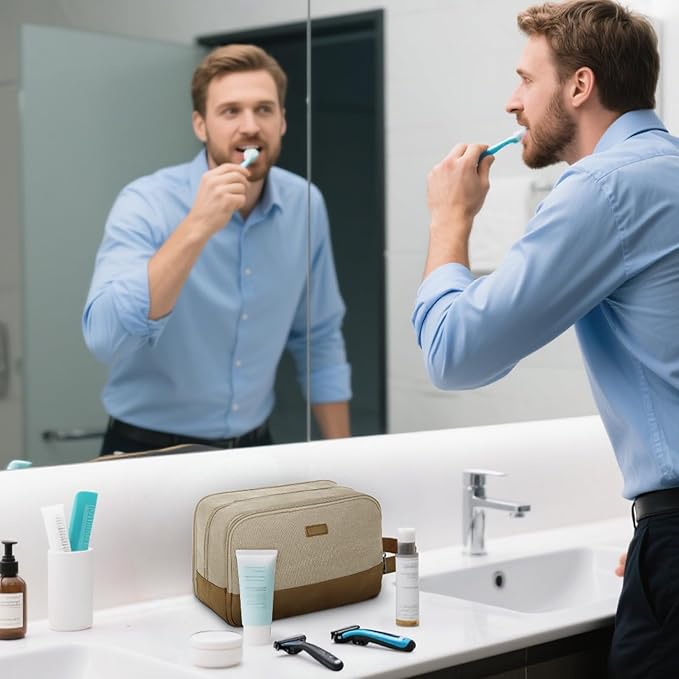 WANDF Travel Toiletry Bag for Men Large Toiletries Shaving Bag Water Resistant Hanging Dopp Kit Travel Accessories Bag for Women Men (Light Khaki)