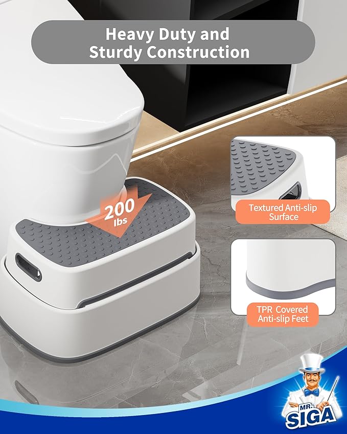 MR.SIGA Toilet Stool Squat Adult, Bathroom Stool Heavy Duty, Anti Slip Toilet Step for Bathroom, Toddler Step Stool for Kids, Off-White & Dark Gray
