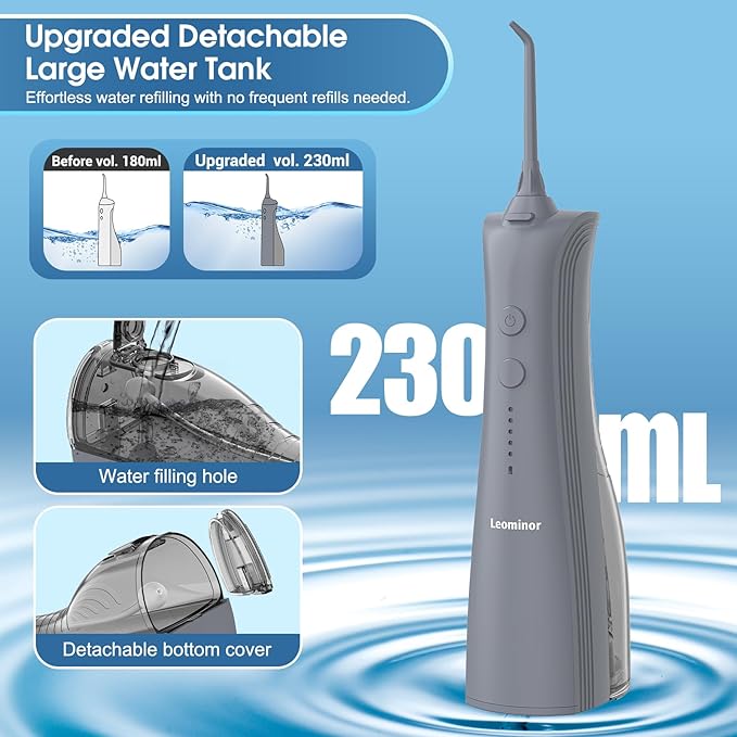 Leominor Water Flosser - 5 Modes Cordless Portable Oral Irrigator, IPX7 Waterproof, Rechargeable Teeth Cleaner Professional Flossing Cleaning Pick for Home Travel (Gray)