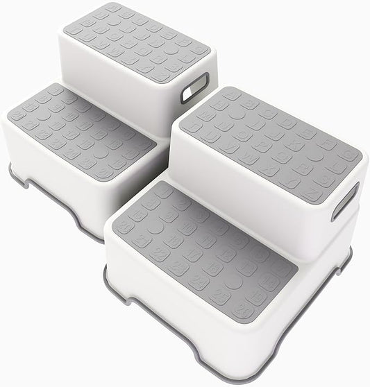 Toddler Step Stool for Bathroom Sink, 2 Pack Step Stool for Kids, Plastic Potty Training Toilet Stepping Stools, Child and Baby Lightweight&No-Slip Two Step Stools for Kitchen(Off-White/Gray)