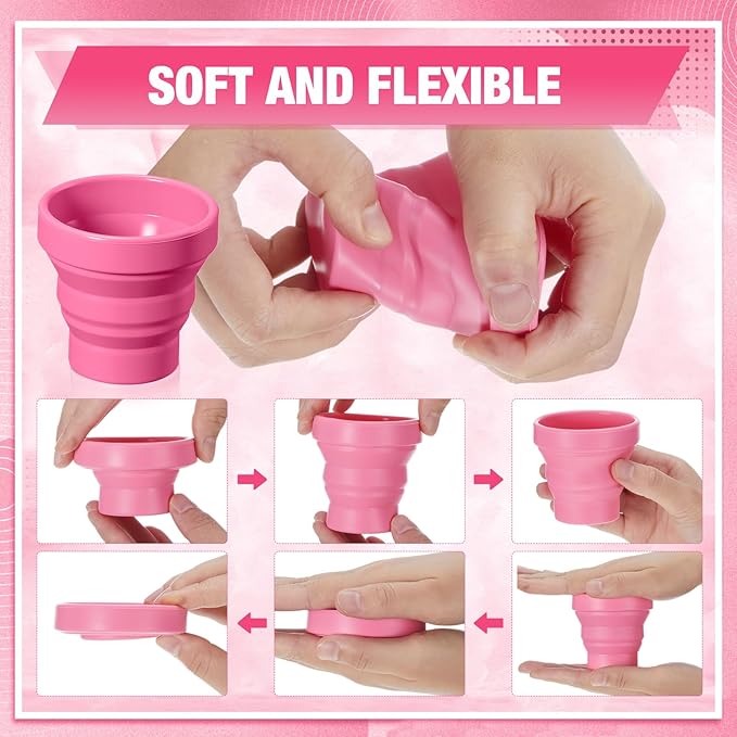 24 Pcs Silicone Collapsible Travel Cup Reusable Foldable Camping Cup Portable Expandable Drinking Mug for Traveling Outdoor Hiking (Pink Color)