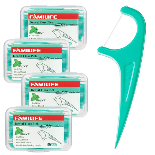 FAMILIFE Floss Picks, 240 Count Mint Dental Floss Cleaner, Tooth Picks Flossers with 4 Travel Handy Cases, Helps to Fight Tooth Decay and Keep Your Teeth Clean, Flossing Sticks for Family