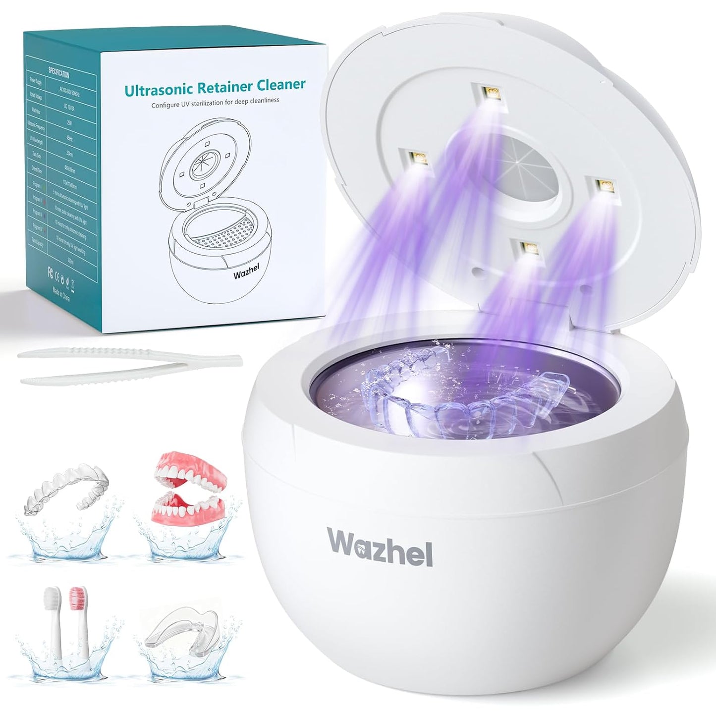 Ultrasonic Retainer Cleaner Machine, 45kHz Dental Cleaning Pod for Denture, Mouth Guard, Night Guard, Aligner, Braces, Toothbrush, 200ML Denture Cleaner with Digital Timer & 4 Modes, White