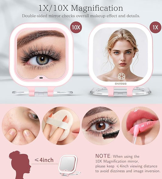 Shinowa Rechargeable Travel Makeup Mirror with 72 LED Lights, 1X/10X Magnifying Vanity Mirror with 3 Color Light, Folding Stand, 7 Inch Portable Dimmable Double Sided Compact Lighted Mirror, Pink