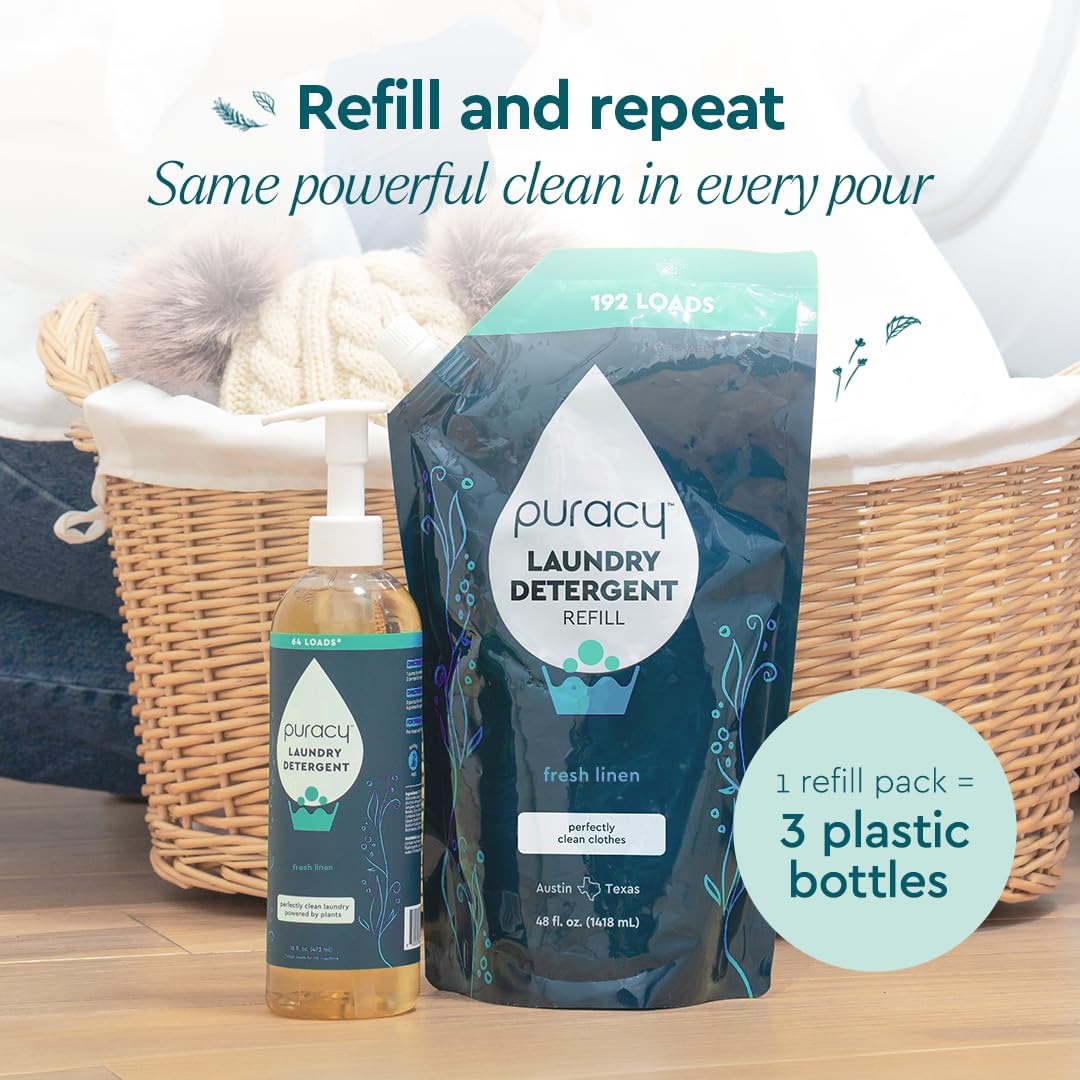 Puracy Laundry Detergent Refill - Enzyme-Powered Liquid Laundry Detergent Concentrate, Natural Laundry Detergent Seen on TikTok, Non-Toxic (Fresh Linen, 48 fl oz, 192 Loads)