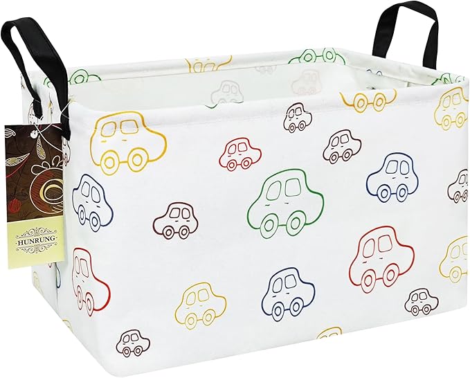 HUNRUNG Rectangle Storage Basket Cute Canvas Organizer Bin for Pet/Children Toys, Books, Clothes Perfect for Rooms/Playroom(REC-Car)