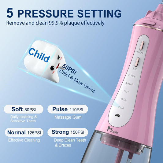 Water Dental Flosser for Teeth - 350ML Large Tank 5 Modes & 6 Tips Cordless, Oral Irrigator Waterproof, Portable Teeth Cleaning and Flossing with Effective Plaque Remover for Adults (Pink)