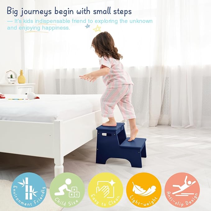 Forbena Navy Blue Step Stool for Toddlers Bathroom Sink, Baby Boys Toilet Toddler 2 Step Stool for Potty Training, Kids Children Double Up Stepping Stool for Kitchen Counter Closet Bedroom Bed (Blue)