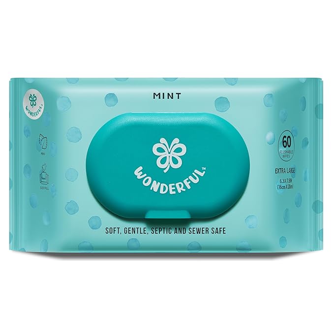 WONDERFUL Flushable Butt Wipes, Mint 100% Plant-Based Wet Wipes for Adults & Kids, Sewer & Septic Safe, Gentle for Sensitive Skin, Wipes Flushable Pack for Bathroom & Travel, 1-Pack (60 Wipes)