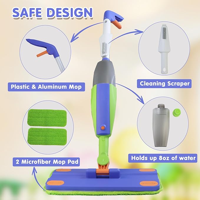 Kids Spray Mop,Real Working Toddler Cleaning Set, Mini Mop, Kid Vacuum - Spray Bottle,Scraper, Washable Microfiber Pads, Montessori Cleaning Toy Set,Toy for Kids Toddlers Ages 3+