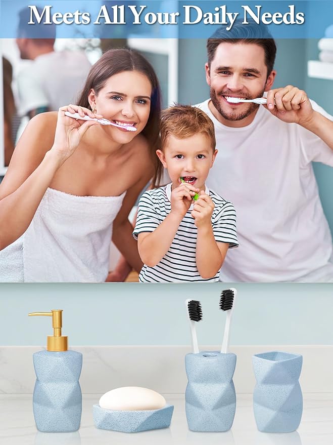 Bathroom Accessories Set,4 Pcs Bathroom Accessory Set,Includes Lotion Soap Dispenser,Toothbrush Holder,Tumbler,Soap Dish,Ceramic Bathroom Sets Complete,Bathroom Sink Set for Modern Home Decor(Blue)