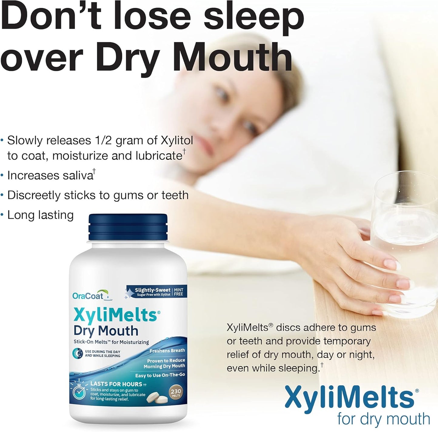 Oracoat XyliMelts for Dry Mouth Night Time or Day - Moisturizing Dry Mouth Adhering Discs, Sugar Free with Xylitol, 230 Count, Slightly Sweet Flavor, 8-Hour Relief