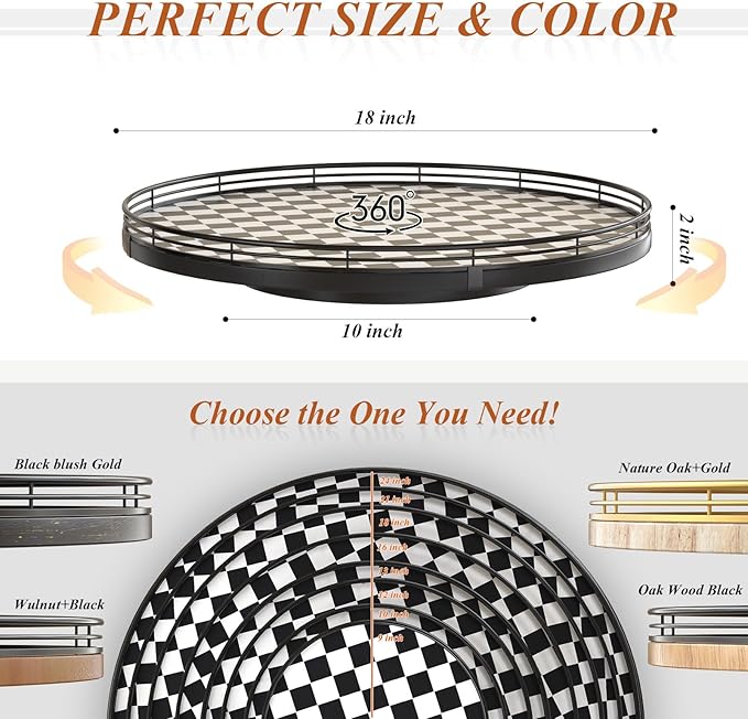 18" Black and White Kitchen Lazy Susan Turntable, Round Checkered Decorative Tray, Large Lazy Susan for Dining Table Centerpiece, Pantry, Kitchen, Bathroom, Countertop, Cupboard, Home Decor
