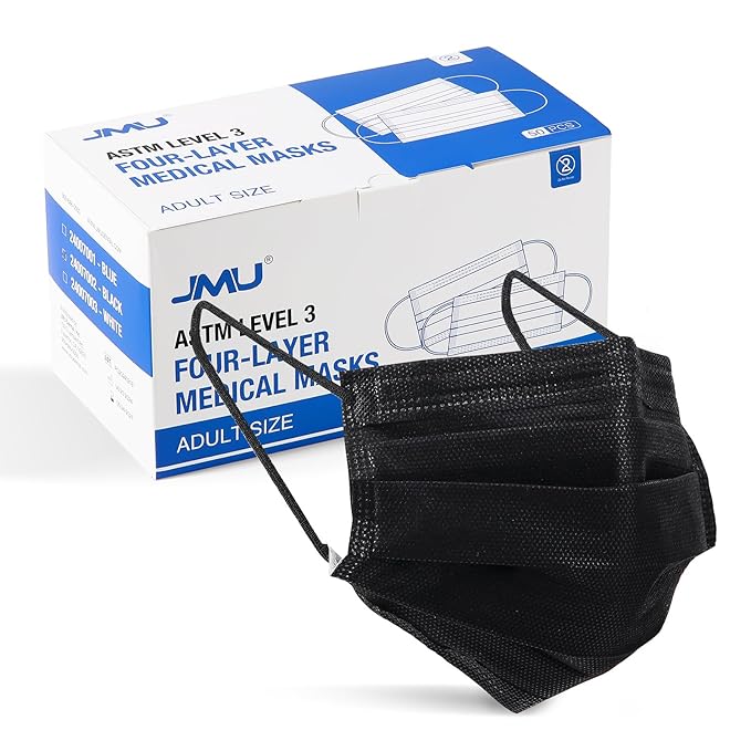 JMU Level 3 Black Disposable Face Mask, 4-Ply Medical Face Masks for Adults, 50 Pack