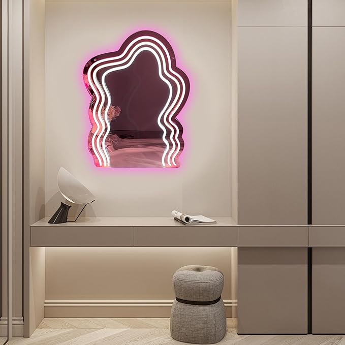 Wavy Mirror Neon Sign Neon Wall Art Sign for Wall Decor LED Neon Mirror Light Sign for Girls Room Bedroom Wedding Birthday Party