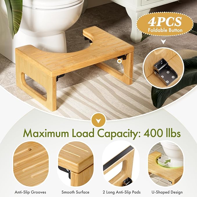 AmazerBath 7 Inches Bamboo Toilet Stool, Foldable Squat Potty Stool for Adults, Non-Slip Poop Stools for Bathroom, 0.79" Thickness Pooping Step Foot Stools for Kids, Natural Color