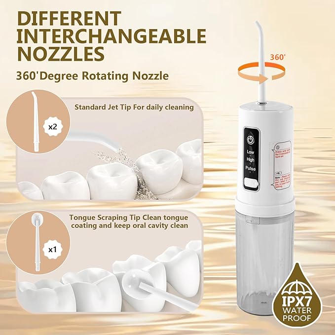 Water flossers for Teeth,irrigator Dental,Water Picks for Teeth Cleaning and flossing,IPX7 Waterproof & USB Rechargeable,3 Pressure Modes, 220ML Tank & 4 Nozzles for Travel